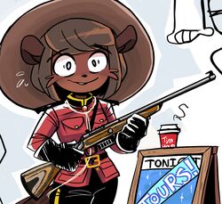  absurd_res anthro beaver beaver_girl_(peargor) canadian clothing crazy_eyes female gun hi_res mammal peargor police police_uniform ranged_weapon rifle rodent royal_canadian_mounted_police solo tim_hortons uniform weapon 