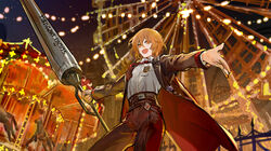  bangs black_jacket black_pants blonde_hair carousel don_quixote_(limbus_company) female ferris_wheel highres jacket limbus_company necktie night night_sky nishikujic pants project_moon red_necktie sky weapon yellow_eyes 