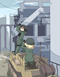  2girls black_eyes black_gloves black_hair blonde_hair camera chito_(shoujo_shuumatsu_ryokou) closed_mouth day gloves green_jacket green_pants gun helmet highres holding huneph jacket kettenkrad long_hair multiple_girls pants rifle ruins shaded_face shoes shoujo_shuumatsu_ryokou sitting standing statue taking_picture weapon wide_shot yuuri_(shoujo_shuumatsu_ryokou) 