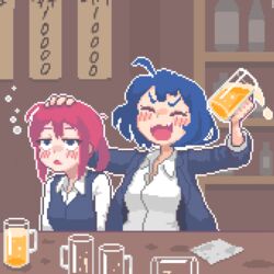  2girls alcohol beer blue_eyes blue_hair breasts closed_eyes collared_shirt commentary cup drinking_glass drunk english_commentary facing_viewer hana_(hcnone) hcnone holding holding_cup indoors long_sleeves looking_away medium_breasts multiple_girls original parted_lips pink_hair pixel_art shirt short_hair skye_(hcnone) squeans white_shirt 