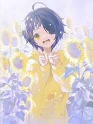  :d ahoge blue_eyes blue_hair commentary day double_v female floral_print flower hair_ornament hair_over_one_eye hairclip head_tilt heterochromia highres hood hood_down hoodie joshu_7 long_sleeves looking_at_viewer ooto_ai open_mouth outdoors short_hair smile solo straight-on sunflower sunflower_print symbol-only_commentary teeth triangle_hair_ornament upper_body upper_teeth_only v wonder_egg_priority yellow_eyes yellow_flower yellow_hoodie 