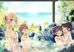  4girls :d ^_^ animal bird black_hair black_ribbon blush breasts brown_eyes brown_hair chick closed_eyes commentary_request completely_nude convenient_arm covering_privates day hair_bun hair_ribbon highres higuchi_kaede_(swing!!) horizon medium_breasts miyasato_haruka multiple_girls nude nude_cover ocean official_art okamoto_natsuhi onsen open_mouth outdoors ponytail rabbit rainbow ribbon sakura_oriko same-sex_bathing shared_bathing short_hair single_hair_bun smile swing!! towel towel_on_head water wavy_mouth yokomine_ibuki 