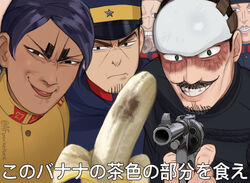  &lt;o&gt;_&lt;o&gt; 5boys aiming aiming_at_viewer banana black_eyes black_hair brown_jacket buzz_cut dark-skinned_male dark_skin english_commentary facial_hair food forehead_protector frown fruit goatee golden_kamuy grin gun hat highres holding holding_gun holding_weapon imperial_japanese_army jacket kepi koito_otonoshin looking_at_viewer male_focus meme military military_hat military_uniform moustache multiple_boys nikaidou_kouhei parted_bangs photo-referenced pocketbee pov short_hair sideburns smile stubble tongue translated tsukishima_hajime tsurumi_tokushirou uniform upper_body usami_tokishige very_short_hair weapon weapon_request 