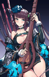  bare_shoulders black_dress blue_eyes blush breasts china_dress chinese_clothes chinese_commentary cleavage commentary detached_collar dress fate/grand_order fate_(series) female flute hair_ornament highres instrument large_breasts long_hair long_sleeves looking_at_viewer mo_xiaoxue off_shoulder pipa_(instrument) purple_hair side_slit sidelocks thighs twintails very_long_hair wide_sleeves yang_guifei_(fate) yang_guifei_(tour_outfit)_(fate) 