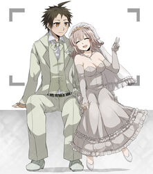  1boy ahoge bad_id bad_pixiv_id bare_shoulders belt breast_pocket breasts bridal_veil bride brown_eyes brown_hair buttons cleavage closed_eyes closed_mouth collared_shirt commentary_request couple danganronpa_(series) danganronpa_2:_goodbye_despair dress elbow_gloves facing_viewer female formal frilled_dress frills full_body gloves groom hand_up happy head_on_another&#039;s_shoulder height_difference hinata_hajime holding_hands interlocked_fingers jacket jewelry leaning_on_person leaning_to_the_side long_dress long_sleeves looking_at_another medium_breasts medium_hair nanami_chiaki open_clothes open_jacket open_mouth pants pendant photoshop_(medium) pink_hair pocket shirt shoes short_hair sitting smile straight strapless strapless_dress suit suit_jacket suzuka_(rekkyo) veil vest viewfinder wedding_dress wing_collar 