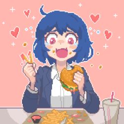  blue_hair blush burger collared_shirt commentary cup disposable_cup drinking_straw eating fast_food female food french_fries hcnone heart holding holding_food looking_away open_mouth original pink_eyes pixel_art shirt short_hair skye_(hcnone) smile solo white_shirt 