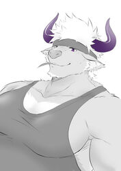  1boy absurdres animal_ears bad_id bad_pixiv_id bara brown_fur camouflage camouflage_headwear chest_hair cow_ears cow_horns facial_hair furry furry_male headband highres horns ioenami large_pectorals leaf male_focus mature_male minotaur mouth_hold muscular muscular_male pectoral_cleavage pectoral_focus pectorals purple_eyes purple_horns shennong_(housamo) short_hair sideburns sidepec smile solo spot_color stalk_in_mouth tank_top tokyo_afterschool_summoners upper_body white_hair 