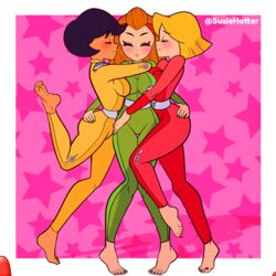  3girls alex_(totally_spies) animated animated barefoot black_eyes black_hair blonde_hair bodysuit breasts closed_eyes clover_(totally_spies) commentary dark-skinned_female dark_skin double_cheek_kiss english_commentary feet green_bodysuit heart impossible_bodysuit impossible_clothes kissing kissing_cheek legs long_hair looping_animation medium_breasts multiple_girls nail_polish open_mouth orange_hair plantar_flexion red_bodysuit sam_(totally_spies) short_hair smile standing standing_on_one_leg starry_background susie_hatter toenail_polish toenails toes totally_spies twitter_username whoop_catsuit yellow_bodysuit yuri 