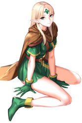  arm_support belt between_breasts between_legs breasts brown_cape cape closed_mouth dress dungeons_&amp;_dragons dungeons_&amp;_dragons:_shadow_over_mystara elf female forehead_jewel full_body gloves green_dress green_eyes green_gloves green_tunic highres long_hair looking_at_viewer lucia_(d&amp;d) medium_breasts parted_bangs pointy_ears short_sleeves sidelocks simple_background sitting smile solo strap_between_breasts sword tetsu_(kimuchi) wariza weapon white_background 