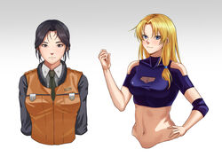  2girls absurdres black_hair blonde_hair blue_eyes breasts brown_eyes cleavage_cutout closed_mouth clothing_cutout collared_shirt crop_top cropped_torso crossover densetsu_no_yuusha_no_densetsu fax61209 ferris_eris gradient_background green_necktie grey_background hair_intakes hand_on_own_hip highres kidou_keisatsu_patlabor long_hair looking_at_viewer medium_breasts midriff multiple_girls nagumo_shinobu navel necktie shirt short_hair smile stomach white_background white_shirt wing_collar 