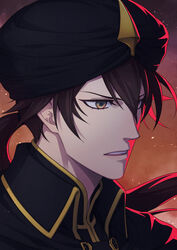  1boy black_headwear brown_eyes brown_hair hair_between_eyes highres long_hair male_focus master_of_the_deep_sea_nova parted_lips pixiv_fantasia pixiv_fantasia_age_of_starlight ponytail portrait shima108 solo turban 