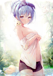  absurdres ahoge bad_id bad_pixiv_id bare_shoulders bird black_shorts blue_hair blush bow breasts collarbone commentary_request day duck female fusuma_(ramunezake) hairband hairbow highres medium_breasts medium_hair nature off-shoulder_shirt off_shoulder original outdoors parted_lips pink_eyes plant purple_bow purple_hairband shirt shorts solo wading white_shirt 