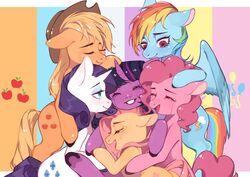  6+girls animal applejack_(mlp) blonde_hair blue_eyes closed_eyes cowboy_hat cuddling fluttershy_(mlp) friends happy_tears hat highres horse hug multicolored_hair multiple_girls my_little_pony my_little_pony:_friendship_is_magic no_humans pegasus pink_hair pinkie_pie_(mlp) pony_(animal) purple_hair rainbow_dash_(mlp) rainbow_hair rarity_(my_little_pony) red_eyes sitting sitting_on_person striped striped_background tears twilight_sparkle_(mlp) unicorn wings xieyanbbb 