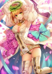  arms_up bad_id bad_pixiv_id blonde_hair blue_bow boots bow breasts cleavage detached_sleeves fate/extra fate/extra_ccc fate_(series) female flower green_eyes grin highres leotard long_hair long_sleeves looking_at_viewer medium_breasts milcho nero_claudius_(bride)_(fate) nero_claudius_(bride)_(third_ascension)_(fate) nero_claudius_(fate) petals pink_flower smile solo strapless strapless_leotard thigh_boots thighhighs white_footwear white_leotard white_sleeves 