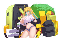  ahoge blonde_hair blush breasts cho!cho! cleavage elf elven_forest_maker female green_eyes gun highres large_breasts last_origin long_hair midriff navel pointy_ears short_shorts shorts solo symbol-shaped_pupils weapon 