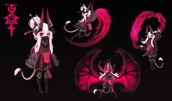  absurdres black_background boots cloak colored_skin dagger demon_girl demon_horns demon_tail demon_wings empty_eyes english_commentary female full_body glowing glowing_eyes highres horns knife magic mask mouth_mask ninja_mask original pink_hair pink_skin pointy_ears red_eyes reference_sheet squeaky_(artist) tail thigh_boots thighhighs weapon wings witch 