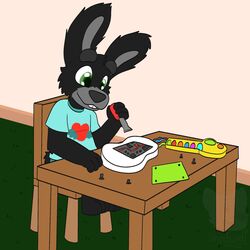  1:1 2021 anthro biped chair clothing detailed_background fur furniture hi_res lagomorph leporid male mammal rabbit shadow_(shadyadi1) shadyadi shirt sitting smile solo table topwear 