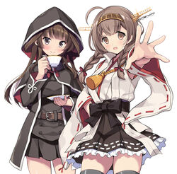  2girls ahoge bare_shoulders belt belt_buckle black_capelet black_dress black_hakama black_skirt black_thighhighs braid brown_belt brown_eyes brown_hair buckle capelet closed_mouth commentary_request cosplay costume_switch cowboy_shot cup detached_sleeves dress grey_eyes hairband hakama hakama_short_skirt hakama_skirt headgear holding holding_cup hood hooded_capelet japanese_clothes kantai_collection kongou_(kancolle) kongou_(kancolle)_(cosplay) long_hair long_sleeves multiple_girls nontraditional_miko odawara_hakone open_mouth pleated_skirt ribbon-trimmed_sleeves ribbon_trim shinshuu_maru_(kancolle) shinshuu_maru_(kancolle)_(cosplay) simple_background skirt smile tareme thighhighs tsurime twin_braids white_background wide_sleeves 