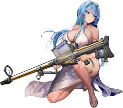  alternate_costume anti-materiel_rifle armlet bare_shoulders blue_eyes blue_hair braid breasts center_opening collarbone dress earrings evening_gown feet female full_body goddess_of_victory:_nikke gun hair_ornament helm_(chandelier)_(nikke) helm_(nikke) highres holding holding_weapon jewelry kkuem large_breasts legs light_frown long_hair necklace official_art on_one_knee rifle shiny_skin side_slit sleeveless sleeveless_dress sniper_rifle solo strappy_heels thigh_strap thighs third-party_source toeless_footwear toes weapon white_background 