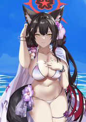  animal_ear_fluff animal_ears arm_up bead_bracelet beads bikini black_hair blazingchaos blue_archive blue_sky bracelet breasts cleavage closed_mouth collarbone colored_tips day female flower fox_ears fox_girl fox_tail hair_flower hair_ornament halo highres jewelry large_breasts light_smile long_hair looking_at_viewer low_twintails multicolored_hair navel ocean official_alternate_costume outdoors pink_flower purple_flower red_hair sky solo stomach streaked_hair swimsuit tail thighs twintails very_long_hair wakamo_(blue_archive) wakamo_(swimsuit)_(blue_archive) white_bikini yellow_eyes 