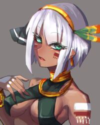  asatsuki_(cookie) aztec blush bob_cut breasts commentary cookie_(touhou) dark-skinned_female dark_skin eyes_visible_through_hair feather_hair_ornament feathers female gold_hairband green_eyes grey_background hair_between_eyes hair_ornament hairband halterneck highres jewelry konpaku_youmu looking_at_viewer medium_breasts necklace open_mouth shimosuke short_hair simple_background solo touhou upper_body white_hair 