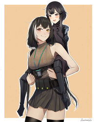  2girls anna_(girls&#039;_frontline) artist_name belt black_eyes black_hair black_legwear black_skirt blush breasts brown_sweater_vest closed_mouth commission darkpulsegg feet_out_of_frame girls&#039;_frontline hair_ornament hairclip heterochromia highres long_hair looking_at_another looking_at_viewer mechanical_legs medium_breasts multicolored_hair multiple_girls nyto_(girls&#039;_frontline) open_mouth red_eyes ro635_(girls&#039;_frontline) ro635_(mod3)_(girls&#039;_frontline) simple_background sitting sitting_on_person skirt small_breasts smile standing sweater_vest thighhighs uniform yellow_eyes 