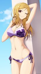  armpits arms_up bikini blonde_hair blue_sky breasts brown_eyes cleavage cloud commentary_request cowboy_shot day earrings female floral_print halterneck highres idolmaster idolmaster_million_live! jewelry long_hair looking_at_viewer medium_breasts momose_rio necklace one_eye_closed partial_commentary plumbum purple_bikini side-tie_bikini_bottom sky solo swimsuit 