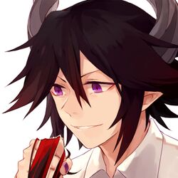  1boy black_hair collared_shirt demon_boy demon_horns facing_to_the_side funamusea grabbing_another&#039;s_hair horns kuroko_mikura male_focus pointy_ears purple_eyes purple_nails satanick_(funamusea) shirt short_hair smirk solo teeth white_background white_shirt 