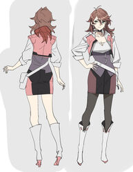  black_choker black_legwear black_skirt blue_eyes boots breasts brown_hair choker cleavage collarbone female hand_on_own_hip high_heel_boots high_heels jacket knee_boots looking_to_the_side medium_breasts multiple_views nishieda official_art pantyhose pencil_skirt pink_jacket production_art sakurai_sagiri skirt super_robot_wars super_robot_wars_t white_footwear 