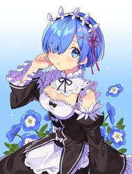  bare_shoulders blue_eyes blue_flower blue_hair blush breasts cleavage commentary detached_sleeves dress female flower frills hair_ornament hair_over_one_eye hair_ribbon large_breasts looking_at_viewer maid maid_headdress open_mouth pink_ribbon re:zero_kara_hajimeru_isekai_seikatsu rem_(re:zero) ribbon roswaal_mansion_maid_uniform short_hair solo symbol-only_commentary vonokim x_hair_ornament 