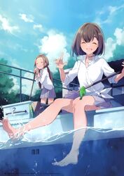  2girls :d ^_^ absurdres bandaid bandaid_on_knee bandaid_on_leg bare_legs barefoot bird bird_on_leg blue_sky bob_cut broom chain-link_fence closed_eyes cloud day diving_block dress_shirt facing_viewer feet fence highres hot index_finger_raised long_hair multiple_girls open_mouth original outdoors partially_underwater_shot pleated_skirt pool poolside scan school_uniform shirt short_hair skirt sky smile soaking_feet splashing sunlight tied_shirt twintails u35 water wet white_shirt 