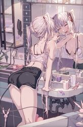  arm_support ass bathroom black_bra black_shorts blush bra breasts camisole chloe_(hong) commentary cup demon_tail dolphin_shorts female finger_in_own_mouth hair_ribbon highres holding holding_toothbrush hxxg indoors leaning_forward long_hair medium_breasts mirror open_mouth original pink_eyes red_ribbon reflection ribbon shirt short_shorts shorts sink slit_pupils solo standing strap_slip tail toothbrush twintails underwear very_long_hair white_hair white_shirt 