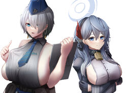  2girls absurdres ako_(blue_archive) bare_shoulders bell belt_pouch black_gloves black_hairband blue_archive blue_coat blue_eyes blue_hair blue_headwear blue_necktie blue_skirt breasts brid_(nikke) closed_mouth coat collared_shirt commentary_request cowbell cowboy_shot crossed_arms dangle_earrings earrings gloves goddess_of_victory:_nikke grey_hair hair_between_eyes hair_ribbon hairband hakurai-is half_gloves halo hands_up highres holding holding_tablet_pc jewelry large_breasts long_hair long_sleeves looking_at_viewer multiple_girls neck_bell necktie no_gloves open_mouth outfit_connection pouch red_ribbon ribbon shirt shirt_tug sideboob sideless_shirt sidelocks simple_background skirt sleeveless sleeveless_shirt standing striped_necktie tablet_pc trait_connection underbust white_background 