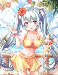  absurdres aqua_eyes aqua_hair bad_id bad_twitter_id beach bikini bird blueberry cowboy_shot cream cup day female flamingo flower food fruit hair_flower hair_ornament hatsune_miku hibiscus highres holding holding_cup holding_food holding_spoon honeydew_(fruit) kiwi_(fruit) kiwi_slice long_hair looking_at_viewer miniskirt navel ocean orange_(fruit) orange_bikini orange_skirt outdoors parfait pippin_(pippin_sol) plumeria red_flower skirt solo spoon standing strawberry swimsuit twintails very_long_hair vocaloid wafer wafer_stick watermelon 