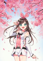  bare_shoulders black_ribbon blush breasts brown_hair cherry_blossoms commentary_request female hairband highres kizuna_ai kizuna_ai_inc. long_hair long_sleeves looking_at_viewer medium_breasts open_mouth pink_hairband ribbon shorts smile solo virtual_youtuber vonokim white_shorts 