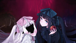  2girls absurdres alternate_costume alternate_hairstyle apple black_hair black_nails black_skin blue_bow blue_eyes blunt_bangs bow closed_mouth colored_skin commentary dual_persona food frills fruit gothic_lolita hairbow hand_on_another&#039;s_chin highres holding holding_food holding_fruit hololive hololive_english lolita_fashion looking_at_viewer lucferz mole mole_under_eye multiple_girls nai_nai ninomae_ina&#039;nis pink_bow pointy_ears shadow_(shadows_house) shadows_house twintails upper_body virtual_youtuber white_hair 