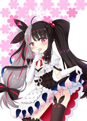  :d ahoge animal_ear_legwear black_bow black_hair black_ribbon black_skirt black_thighhighs blush bow breasts cleavage clothes_lift commentary_request elbow_gloves female finger_to_mouth floral_background gloves grey_hair hair_bobbles hair_ornament hair_ribbon hairbow lifting_own_clothes long_hair multicolored_hair nijisanji noname_(reticulian) open_mouth panties pink_panties puffy_short_sleeves puffy_sleeves rabbit_ear_legwear red_eyes red_hair ribbon shirt short_sleeves shushing side-tie_panties single_thighhigh skirt skirt_lift small_breasts smile solo split-color_hair streaked_hair striped striped_bow thighhighs twintails two-tone_hair underwear very_long_hair virtual_youtuber white_background white_gloves white_shirt white_skirt yorumi_rena yorumi_rena_(1st_costume) 