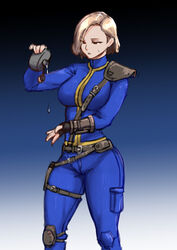  armor belt black_eyes black_gloves blonde_hair blue_bodysuit bodysuit breasts commentary drd_(chdrd) english_commentary fallout_(series) fallout_3 female fingerless_gloves flask gloves gradient_background holding holding_flask knee_pads large_breasts leather_armor lone_wanderer looking_down parted_lips pip_boy pocket pouch short_hair shoulder_armor simple_background solo standing sweatdrop thigh_strap turtleneck vault_suit water_drop 