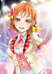  absurdres ahoge akaisu blush bow braid commentary female flower hair_flower hair_ornament hairbow highres jacket looking_at_viewer love_live! love_live!_sunshine!! open_mouth orange_hair photoshop_(medium) pink_flower red_eyes school_uniform shirt short_hair short_sleeves side_braid smile solo star_(symbol) takami_chika white_shirt 