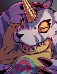  absurd_res ambiguous_gender animal_skin bandai_namco claws closed_eyes digimon digimon_(species) fur fur_markings gabumon happy hi_res horn kloudraws markings open_mouth reptile scalie shaded smile solo teeth yellow_body 