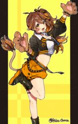  :d absurdres animal_hands black_footwear boots brown_eyes brown_hair crop_top female gloves highres idenshi_hina lion_tail long_hair looking_at_viewer midriff open_mouth orange_shorts paw_gloves re:act shishigami_leona shorts side_ponytail smile standing standing_on_one_leg tail twitter_username virtual_youtuber yellow_background 