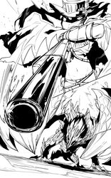  absurdres aiming aiming_at_viewer cape covered_face female greyscale gun hat highres holding holding_gun holding_weapon looking_at_viewer midriff monochrome monster monster_hunter_(character) monster_hunter_(series) navel niwarhythm rifle solo valstrax weapon wroggi_(armor) 