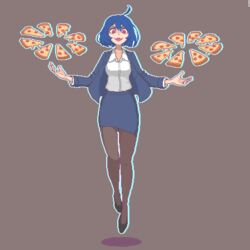  ahoge blue_hair brown_background brown_pantyhose collared_shirt commentary_request female floating food hair_between_eyes hcnone jacket looking_at_viewer office_lady open_mouth original pantyhose pencil_skirt pixel_art pizza pizza_slice red_eyes shirt short_hair simple_background skirt skye_(hcnone) solo telekinesis 