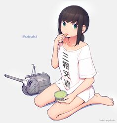  barefoot black_hair character_name clothes_writing commentary_request dated eating essel_super_cup female food fubuki_(kancolle) full_body green_eyes highres holding holding_food ice_cream kantai_collection looking_at_viewer low_ponytail meiji_(brand) nakaaki_masashi ponytail seiza shirt short_ponytail sidelocks simple_background sitting solo t-shirt tan tanlines translated turret twitter_username white_background white_shirt 