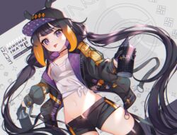  2nii :p alternate_costume black_bra black_gloves black_jacket black_shorts black_thighhighs blue_eyes blunt_bangs bra bra_visible_through_clothes can character_name choker collarbone copyright_name cropped_shirt dated dutch_angle female gloves gradient_hair holding holding_can hololive hololive_english jacket long_hair looking_at_viewer low_twintails midriff multicolored_hair navel ninomae_ina&#039;nis open_fly orange_hair pointy_ears purple_hair see-through shirt shorts sidelocks solo spray_can standing tentacle_hair thighhighs tied_shirt tongue tongue_out twintails underwear very_long_hair virtual_youtuber white_shirt 