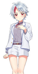  absurdres belt belt_buckle blush breasts brown_belt buckle closed_mouth collared_shirt commentary_request derori dress_shirt feet_out_of_frame female grey_hair grey_shirt han&#039;you_no_yashahime hand_up highres higurashi_towa inuyasha jacket long_sleeves looking_at_viewer multicolored_hair neck_ribbon open_clothes open_jacket parted_bangs red_eyes red_hair red_ribbon ribbon shirt short_hair short_shorts shorts simple_background small_breasts solo streaked_hair v-shaped_eyebrows white_background white_jacket white_shorts 