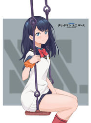  between_legs black_hair black_shirt blue_eyes female from_side gridman_universe gridman_universe_(film) hand_between_legs highres kneehighs long_hair looking_at_viewer miniskirt necktie school_uniform shirt short_sleeves sitting skirt smile socks solo ssss.gridman sweater_vest swing takarada_rikka thick_thighs thighs vest viperxtr white_vest 