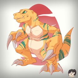  1:1 2018 agumon_x ambiguous_gender bandai_namco blue_stripes claws digimon digimon_(species) dinosaur extinct green_eyes hi_res kloudraws markings prehistoric_species reptile scalie signature simple_background solo stripes watermark x-digimon yellow_body 