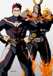  2boys all_might all_might_(cosplay) armor beard blue_eyes boku_no_hero_academia clonion cosplay costume_switch covered_abs crossed_arms endeavor_(boku_no_hero_academia) endeavor_(boku_no_hero_academia)_(cosplay) facial_hair feet_out_of_frame fire glowing glowing_eye grin high_contrast highres male_focus mature_male multiple_boys muscular muscular_male pauldrons pectorals personality_switch power_switch red_hair short_hair shoulder_armor sideburns smile spiked_hair stubble superhero_costume thick_thighs thighs 