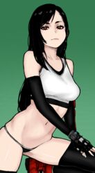  black_hair breasts closed_mouth crop_top elbow_gloves elbow_pads female final_fantasy final_fantasy_vii final_fantasy_vii_remake fingerless_gloves gloves gradient_background green_background knee_up light_smile long_hair looking_at_viewer medium_breasts midriff navel no_pants panties pose red_eyes red_footwear shoes simple_background sneakers solo string_panties tank_top thighhighs tifa_lockhart underwear wabaki white_tank_top 